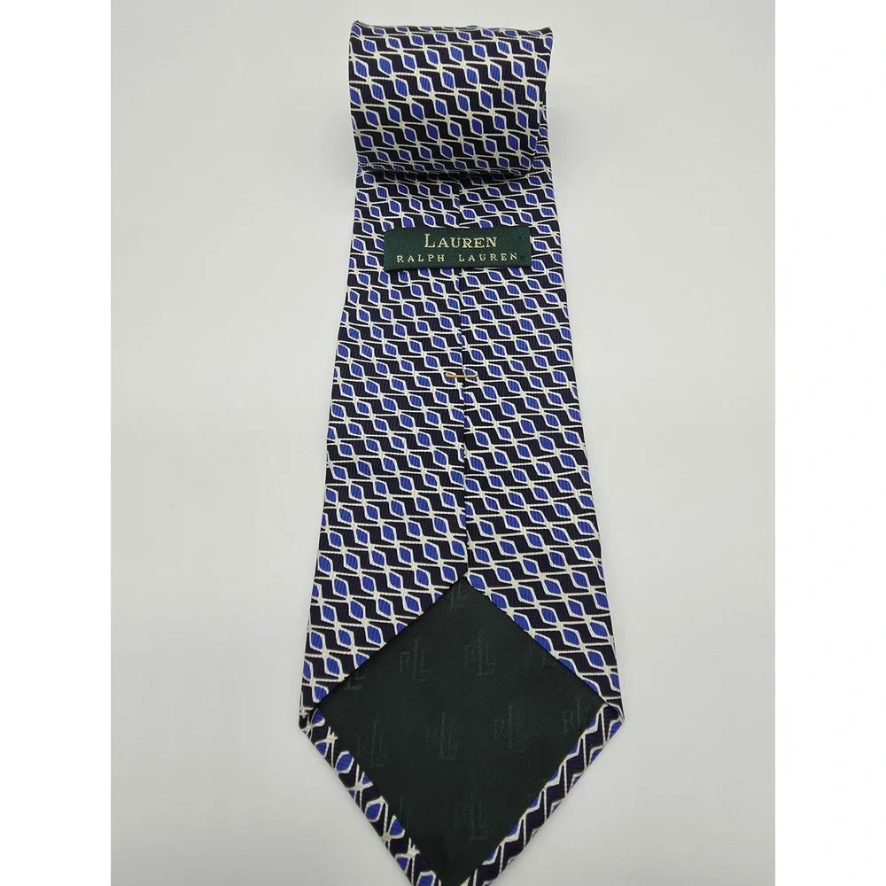 Lauren Ralph Lauren Silk Geometric Men's Tie Blue White Woven 57
